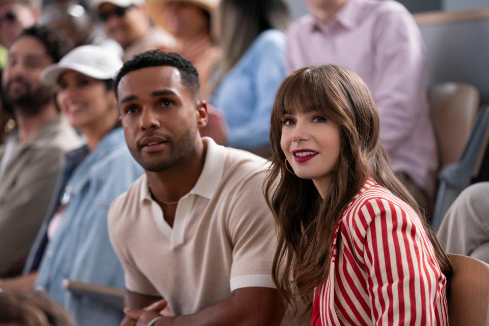 <h1 class="title">Emily in Paris. (L to R) Lucien Laviscount as Alfie, Lily Collins as Emily in Emily in Paris. Cr. Stephanie Branchu/Netflix © 2024</h1><cite class="credit">STEPHANIE BRANCHU/NETFLIX</cite>