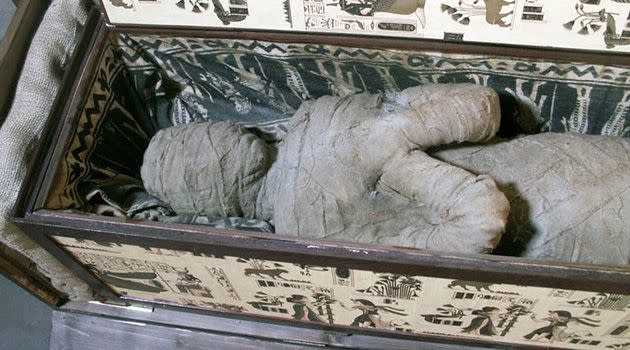 An undated picture shows a sarcophagus with a mummy in the attic of a house in Diepholz, Germany. Photo: AFP