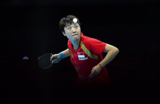 Singapore's Feng Tianwei competes during the women's team table tennis bronze medal match against South Korea at the London Olympics on August 7. Feng ended Singapore's half-century wait for an individual medal with bronze in the women's table tennis