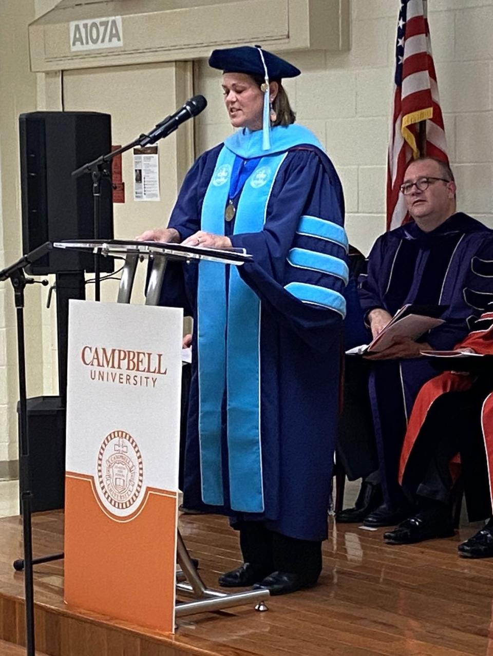 Brooke Wheeler, who is superintendent for education services for the N.C. Department of Adult Correction, speaks during a commencement ceremony held on Thursday, Nov. 2, 2023 at Scotland Correctional Institution. The new college graduates are inmates at Sampson Correctional Institution and are part of the Second Chance Initiative, sponsored by the Bob Barker Foundation and operated by the Campbell and N.C. Dept. of Adult Correction.