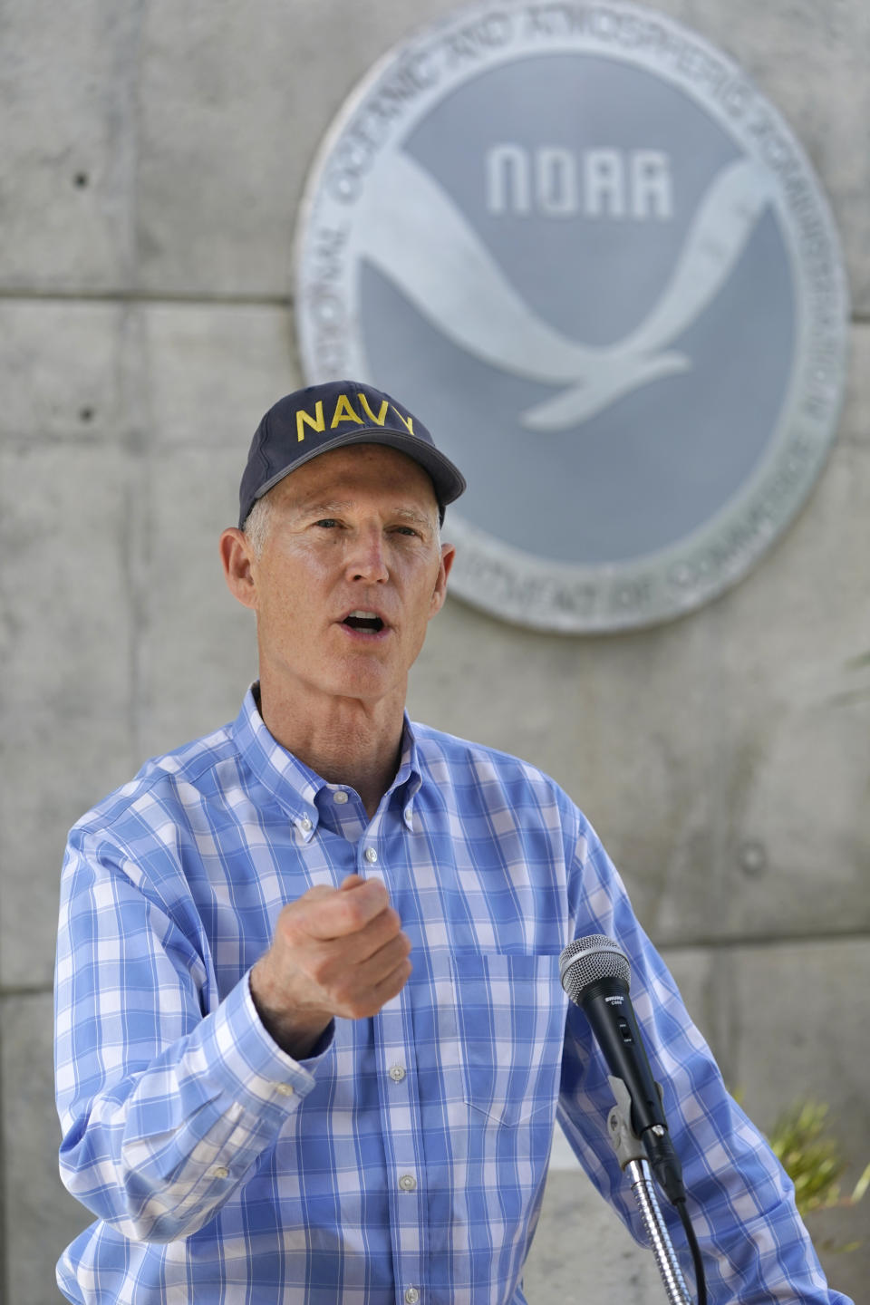 Senator Rick Scott, R-Fla., speaks during a news conference after having toured the National Hurricane Center, Tuesday, June 1, 2021, in Miami. Tuesday marks the start of the 2021 Atlantic hurricane season which runs to Nov. 30. (AP Photo/Wilfredo Lee)