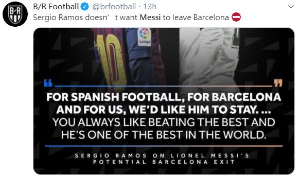 西班牙隊隊長Ramos布希望梅西離開球隊。（圖／翻攝自推特）