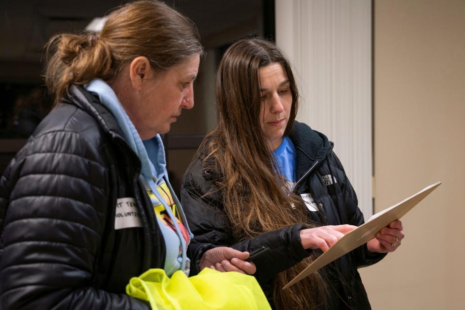 Volunteer Barb McDonough, 55, left, talks with her niece, Lighthouse housing programs lead Brianna Agnello, 37, before the annual Point-in-Time (PIT) count of people who are experiencing homelessness at the Lighthouse headquarters in Pontiac on Jan. 30, 2023.