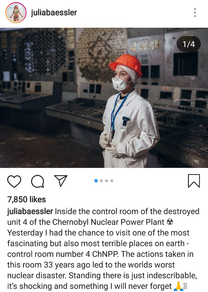 Julia Baessler's now-deleted post, which shows her standing at the site of the disaster in Chernobyl, saw her attacked online.