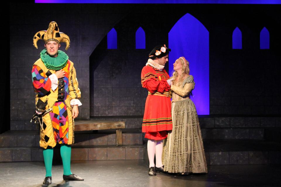 Ben Muckenthaler as jester Jack Point, Michael Koutelos as Colonel Fairfax and Caroline Goodwin as Elsie in "Yeoman of the Guard" performed through Aug. 5 by College Light Opera Company in Falmouth.