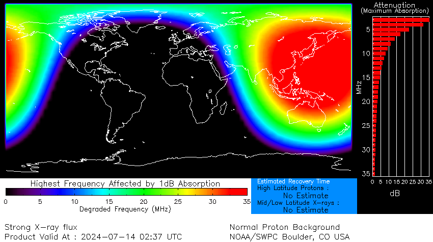 map showing large shortwave radio blackouts across southeast asia, australia and japan, this is highlighted by large red regions.
