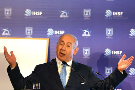 Israeli Prime Minister Benjamin Netanyahu gestures as he speaks during the International Homeland Security Forum conference in Jerusalem, June 14, 2018. REUTERS/Ammar Awad