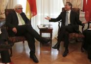 German Foreign Minister Frank-Walter Steinmeier (L) and Chinese Foreign Minister Wang Yi wait for the start of a bilateral meeting in Palais Coburg, the venue for nuclear talks in Vienna, Austria, July 2, 2015. REUTERS/Leonhard Foeger