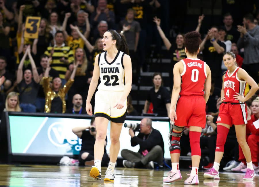 Guard Caitlin Clark #22 of the Iowa Hawkeyes is applauded during the second half after a basket against the Ohio State Buckeyes at Carver-Hawkeye Arena on March 3, 2024 in Iowa City, Iowa. (Photo by Matthew Holst/Getty Images)