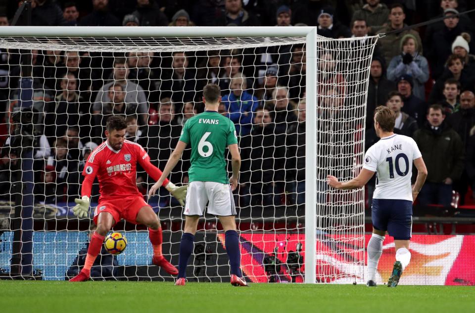 Harry Kane scores the Tottenham leveller against West Brom