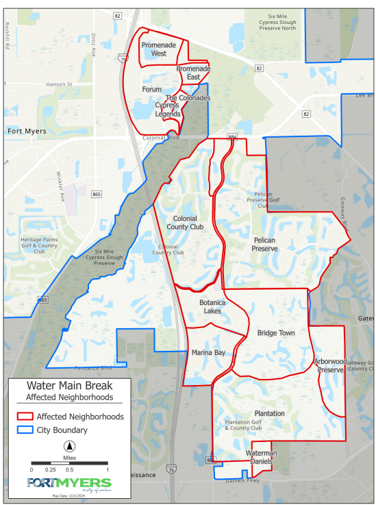 A boil water notice was issued on Feb. 21, 2024 for the areas shown on this map provide by the city of Fort Myers.