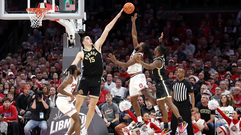Zach Edey of the Purdue Boilermakers blocks a shot during the second half of a game against Ohio State. - Kirk Irwin/Getty Images