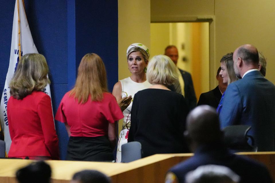 Queen Máxima speaks with Austin City Council members briefly after Mayor Steve Adler read a proclamation in honor of Netherlands-Austin Friendship Day on Thursday.