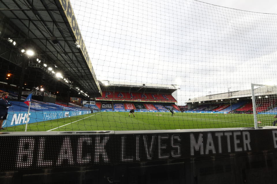 LONDON, ENGLAND - JUNE 29: A Black Lives Matter movement Advert is seen on the LED board pitchside prior to the Premier League match between Crystal Palace and Burnley FC at Selhurst Park on June 29, 2020 in London, United Kingdom. (Photo by Catherine Ivill/Getty Images)