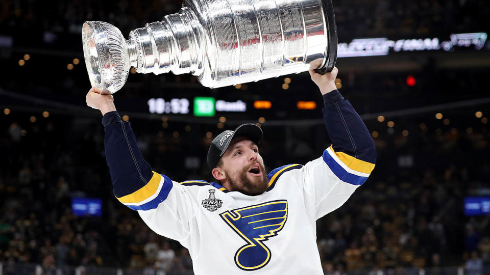 David Perron of the St. Louis Blues celebrates with the Stanley Cup. (Photo by Patrick Smith/Getty Images)