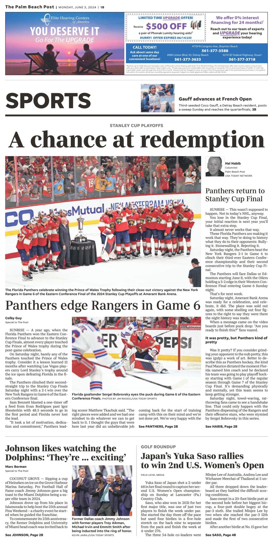 Palm Beach Post sports front, Monday, June 3, 2024