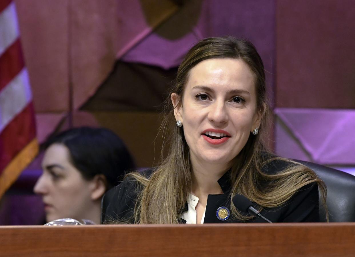 New York State Sen. Alessandra Biaggi (D-Bronx) speaks to state legislators during a public hearing on sexual harassment in the workplace in Albany, New York on Wednesday, Feb. 13, 2019.