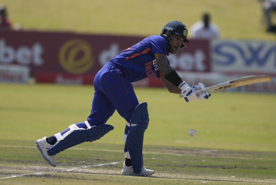 Indian batsman Shikhar Dhawan in action on the last day of the One-Day International cricket match between Zimbabwe and India at Harare Sports Club in Harare, Zimbabwe, Monday, Aug, 22, 2022. (AP Photo/Tsvangirayi Mukwazhi)