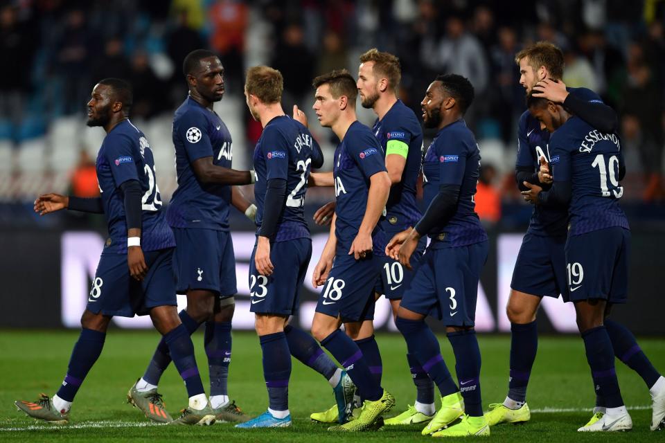 Tottenham Hotspur's Danish midfielder Christian Eriksen (3rd-L) celebrates after scoring his team's fourth goal during the UEFA Champions League Group B football match between Red Star Belgrade (Crvena Zvezda) and Tottenham Hotspur at the Rajko Mitic stadium in Belgrade, on November 6, 2019. (Photo by ANDREJ ISAKOVIC / AFP) (Photo by ANDREJ ISAKOVIC/AFP via Getty Images)