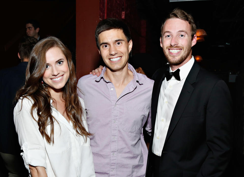 The "Girls" star is engaged to longtime boyfriend, Ricky Van Veen (middle in picture).