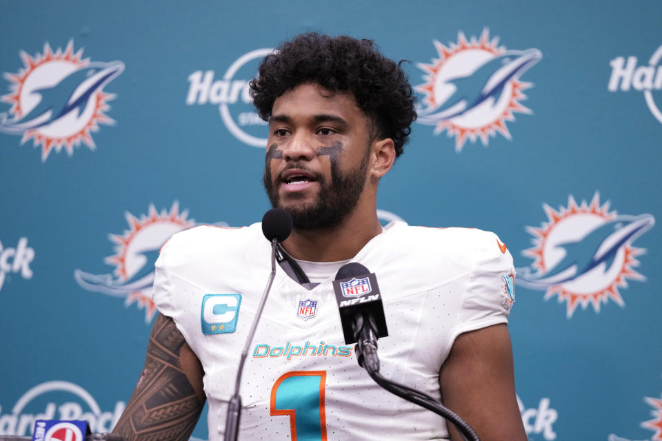 Miami Dolphins quarterback Tua Tagovailoa speaks after an NFL football game, Monday, Jan. 8, 2024, in Miami Gardens, Fla. The Bills defeated the Dolphins 21-14. (AP Photo/Wilfredo Lee)