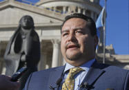 Matt Morgan, chairman of the Oklahoma Indian Gaming Association and a citizen of the Chickasaw Nation, speaks at a news conference concerning the renewal of Tribal Gaming Compacts, Thursday, Nov. 14, 2019, at the state Capitol in Oklahoma City. (AP Photo/Sue Ogrocki)