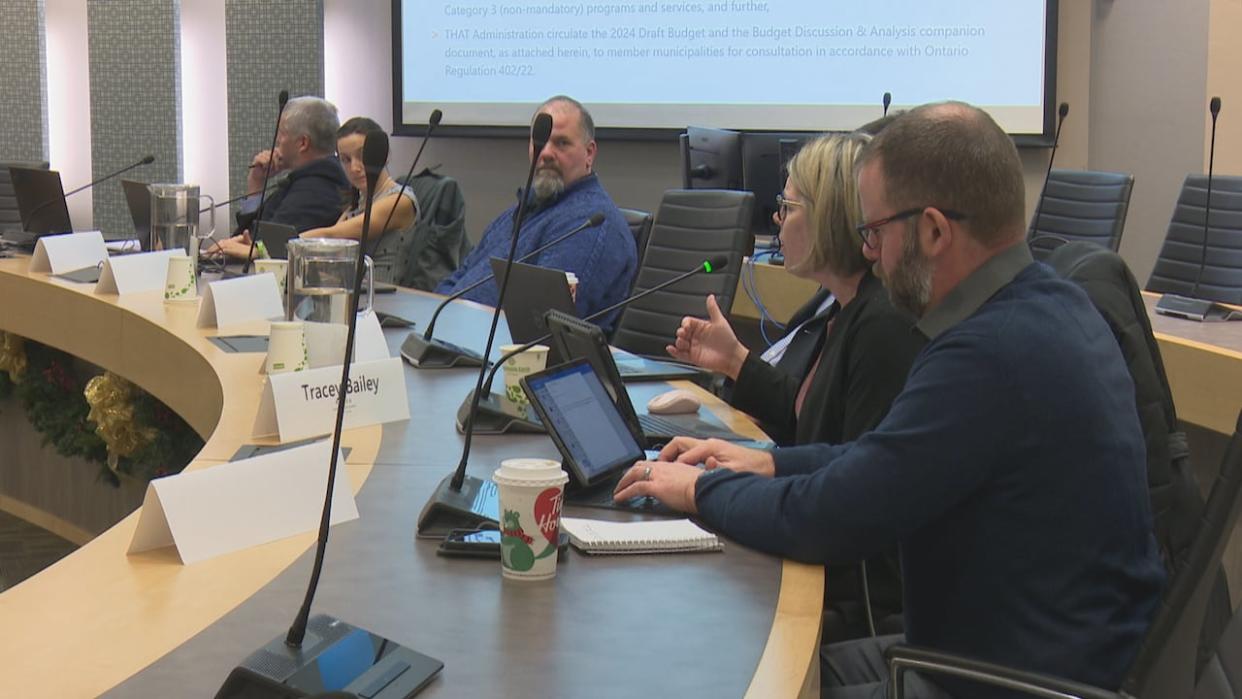 Area councillors that make up the board of directors for the Essex Region Conservation Authority discuss the board's budget on Thursday, Dec. 15, 2023.  (Dale Molnar/CBC - image credit)