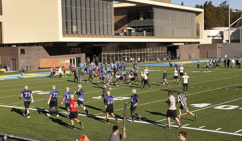 The UCLA Bruins football team on Spaulding Field on the campus of UCLA in Westwood on Tuesday, March 6, 2018.