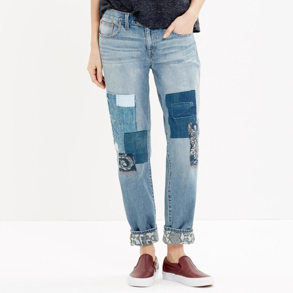 <p>Madewell & Kiriko Patched Boyjeans, $200, <a href="https://www.madewell.com/madewell_category/DENIMBAR/slimboyjean/PRDOVR~C2087/C2087.jsp" rel="nofollow noopener" target="_blank" data-ylk="slk:madewell.com;elm:context_link;itc:0;sec:content-canvas" class="link ">madewell.com</a><br><br></p>