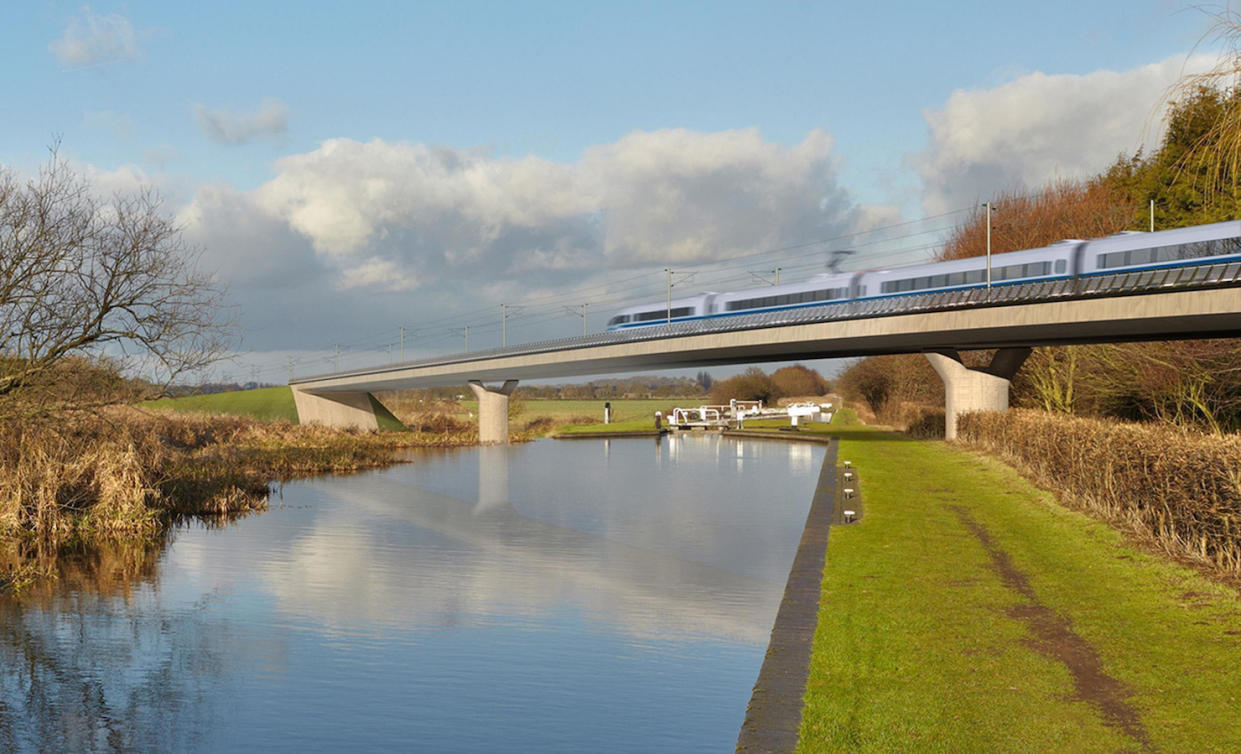 An artist's impression of a HS2 train on the Birmingham and Fazeley viaduct, part of the proposed route for the HS2 high speed rail scheme (Picture: PA)