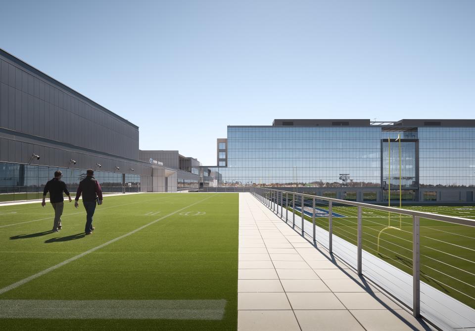 At the coach's suggestion, an elevated practice pitch was installed next to the coaching staff’s office, so plays can be run on the fly without going back down to the fields.