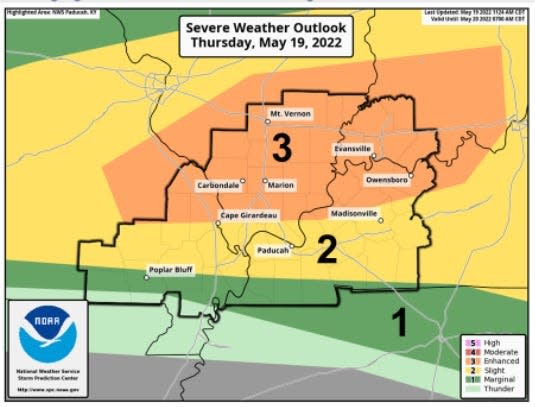 The Storm Prediction Center placed the Tri-State in an "enhanced risk" area for severe weather on Thursday.