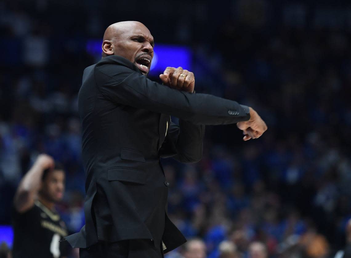 Vanderbilt head coach Jerry Stackhouse reacts after a play during the first half against Kentucky in the SEC Tournament quarterfinals at Bridgestone Arena in Nashville.
