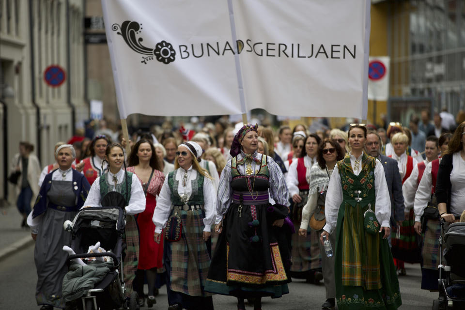 International Workers' Day in Oslo saw thousands of people participating in the day marching through the streets of Oslo. Women marching dressed in traditional Norwegian dresses (Bunads). Olso, Norway, 1 May 2019 (Photo by Noe Falk Nielsen/NurPhoto via Getty Images)