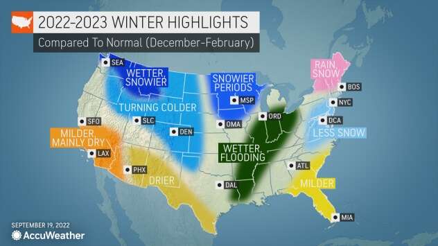 Accuweather's winter weather forecast predicts that large parts of Wisconsin will see periods of snowier weather than normal for the winter of 2022-2023, on Sept. 19, 2022.