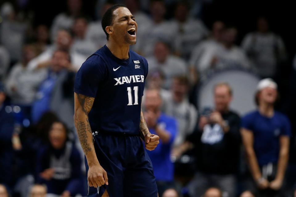 Xavier Musketeers guard Dwon Odom (11) reacts as the Musketeers take possession in the second half of the NIT Quarter Final game between the Xavier Musketeers and the Vanderbilt Commodores at the Cintas Center in Cincinnati on Tuesday, March 22, 2022. Vanderbilt led 31-29 at halftime. Xavier advances to the tournament semifinals at Madison Square Garden with a 75-73 win over Vanderbilt. 