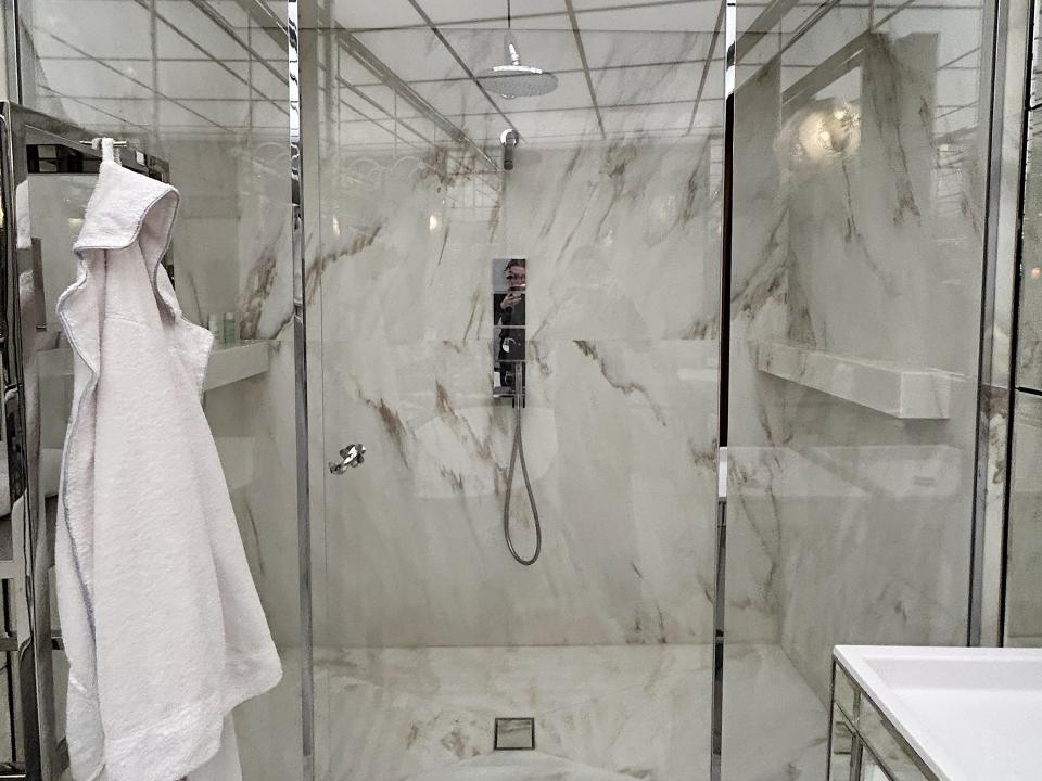 The shower in the hotel room in Le Royal Monceau in Paris.