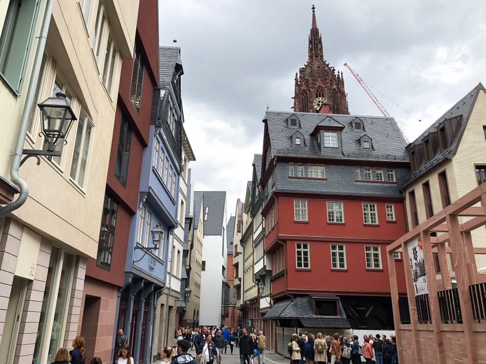 A narrow thoroughfare through Frankfurt’s reconstructed DomRömer Quarter, or "new old town," highlights the diversity of the building styles of the project.