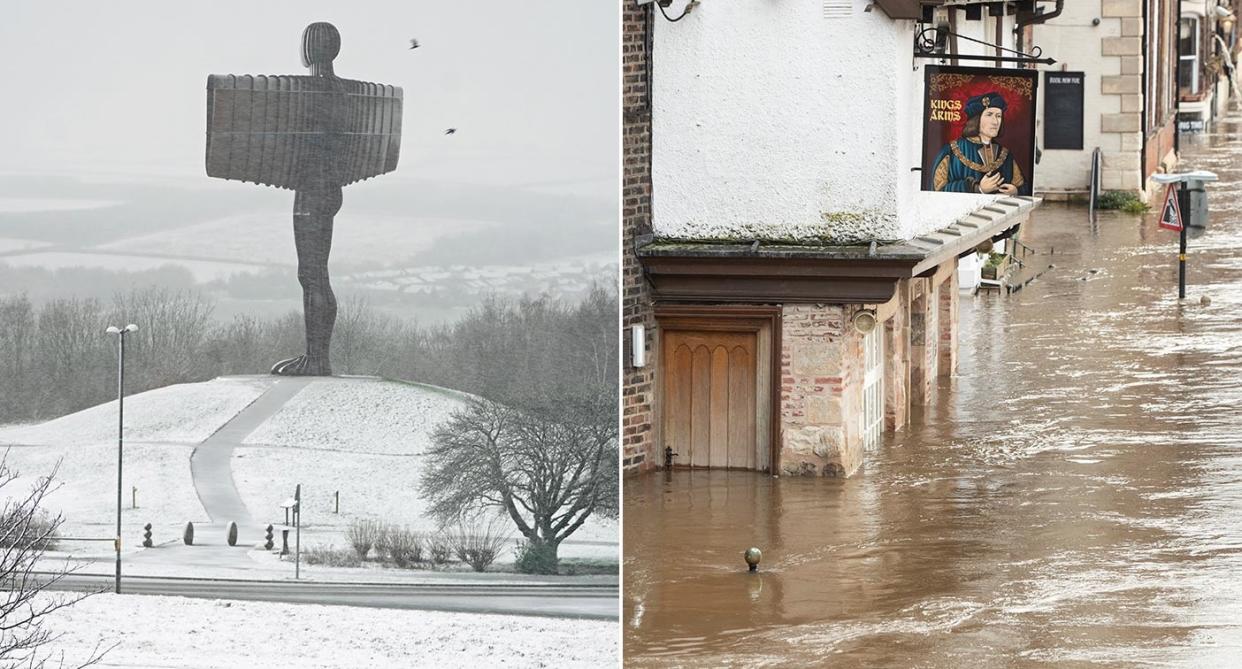 The Angel of the North is covered in snow, while Shrewsbury faces record flood levels (PA)