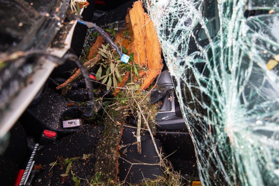 Bark and leaves are scattered across the floorboard of Jessica ShyerÕs vehicle, which was crushed by an oak tree, estimated to be 80 feet tall, during Hurricane Idalia in Cross City, Fla.