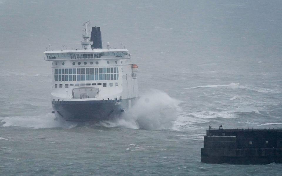 The DFDS Delft Seaways ferry is hit by waves as it arrives at the Port of Dover in Kent during strong winds (PA)