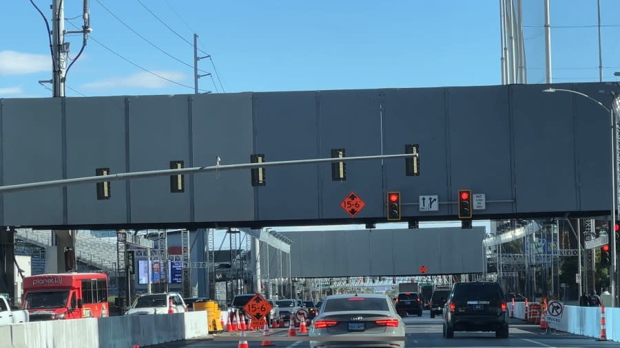 <em>The two vehicle bridges along Harmon will be deconstructed.</em> (KLAS)