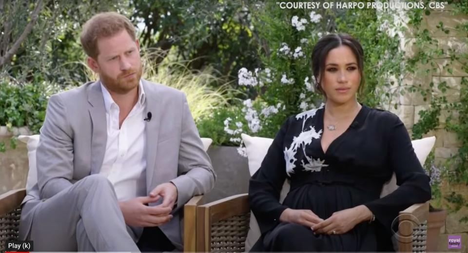 Prince Harry and Meghan Markle during their interview with Oprah Winfrey.