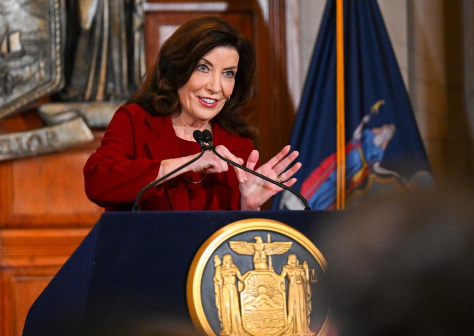 New York Gov. Kathy Hochul presents her executive state budget in the Red Room at the state Capitol Wednesday, Feb. 1, 2023, in Albany, N.Y.