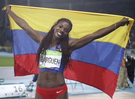 2016 Rio Olympics - Athletics - Final - Women's Triple Jump Final - Olympic Stadium - Rio de Janeiro, Brazil - 14/08/2016. Caterine Ibarguen (COL) of Colombia celebrates winning the gold medal. REUTERS/Phil Noble