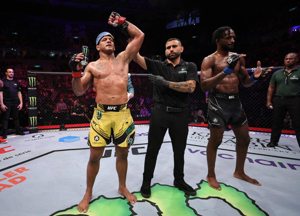 RIO DE JANEIRO, BRAZIL - JANUARY 21: Gilbert Burns of Brazil reacts after his submission victory over Neil Magny in a welterweight fight during the UFC 283 event at Jeunesse Arena on January 21, 2023 in Rio de Janeiro, Brazil. (Photo by Buda Mendes/Zuffa LLC via Getty Images)