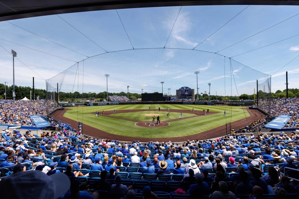 May 31, 2024; Lexington, KY, USA; A general view of game action during the fifth inning of an NCAA Division I Baseball Championship game between the Kentucky Wildcats and Western Michigan Broncos at Kentucky Proud Park. Mandatory Credit: Jordan Prather-USA TODAY Sports