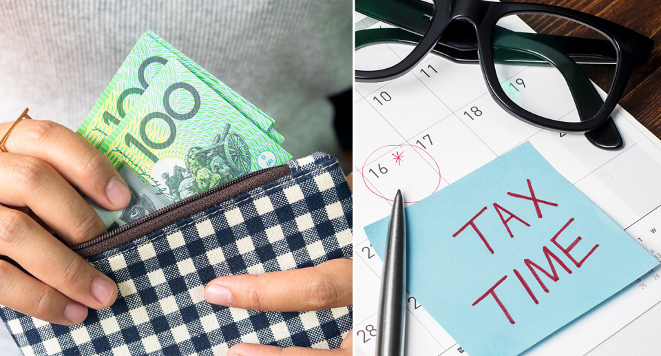 A composite image of a person holding $100 notes from a wallet and a sticky note that says tax time on top of a calendar.