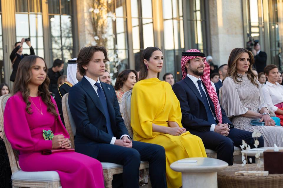 Her Majesty Queen Rania (R), Crown Prince Hussein (2nd R), Princess Salma bint Abdullah (L) and Prince Hashem bin Abdullah ( 2nd L) attend The Royal Wedding of Princess Iman Bint Abdullah II and Jameel Alexander Thermiotis on March 12, 2023 in Amman, Jordan.