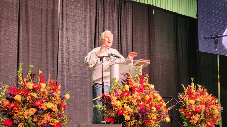 Featured speaker Josh McDowell an author and evangelist, gives his message at the city's 33rd annual Community Prayer Breakfast Tuesday morning at the Amarillo Civic Center.